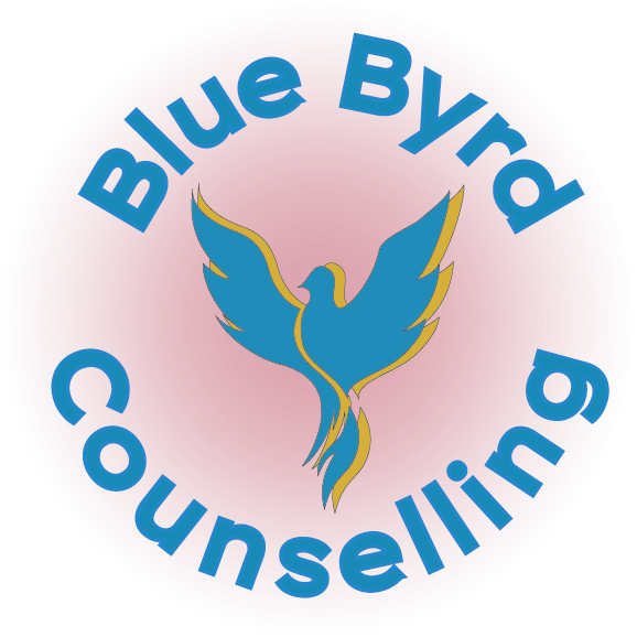 Welcome to Blue Byrd Counselling - blue text surrounds a blue bird on a pink background
